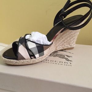 Burberry Black Patent Leather Wedge Sandals
